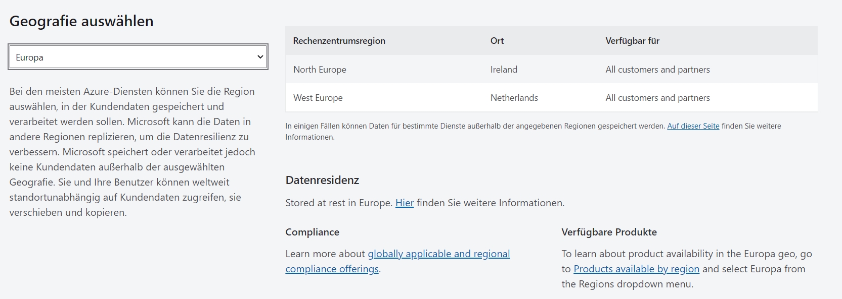 Microsoft bietet eine Übersicht der Dienste, die bereits jetzt ihre Daten in der EU speichern.