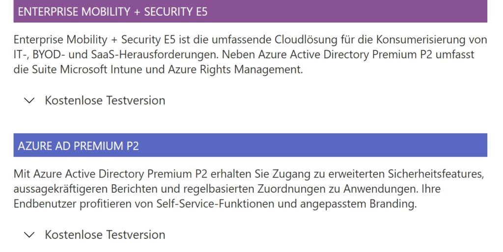 Im Azure AD Admin Center können Sie auch Testversionen von Azure AD Premium P2 oder Enterprise Mobility + Security E5 buchen