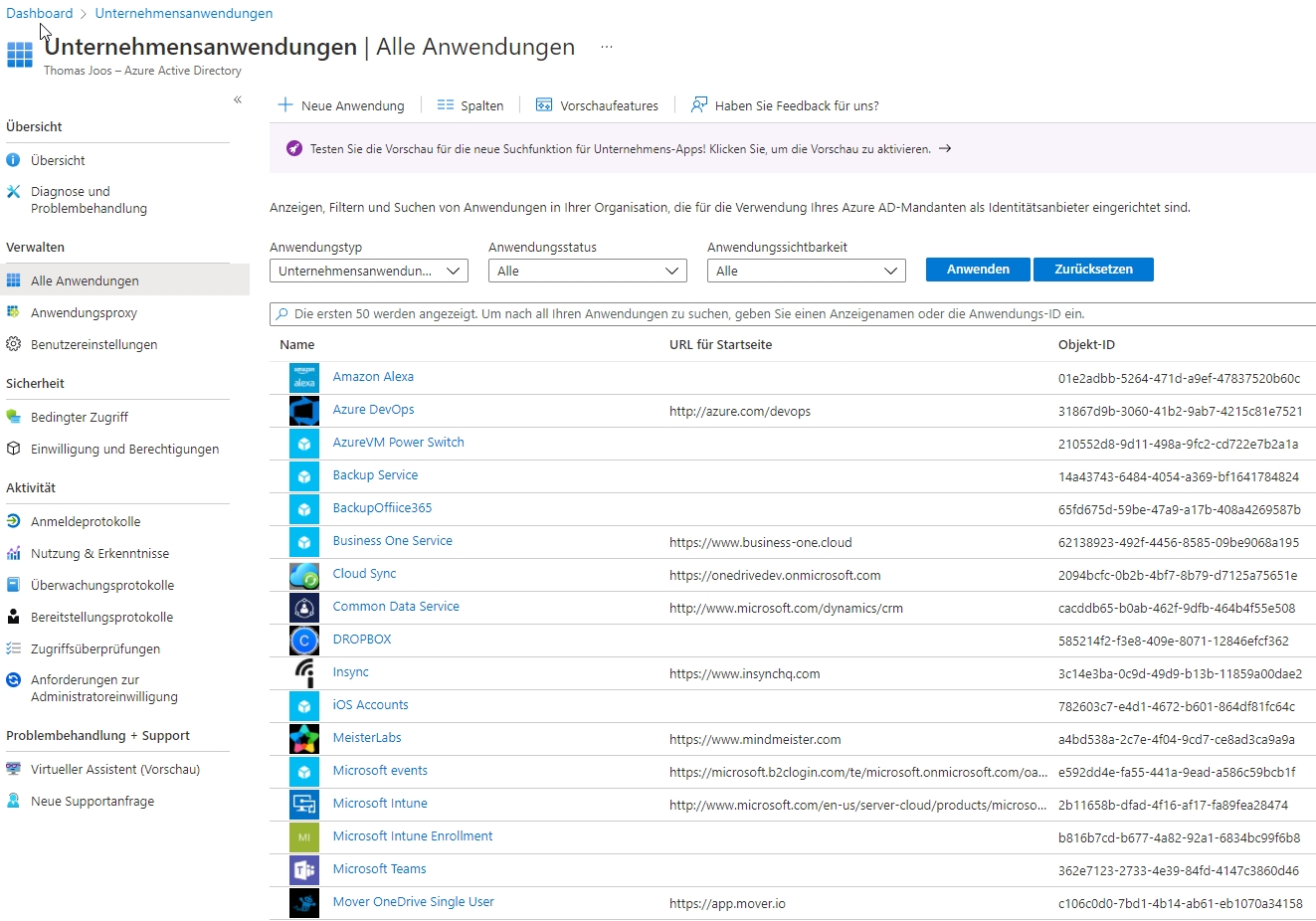 Unternehmensanwendungen in Azure AD registrieren und konfigurieren.