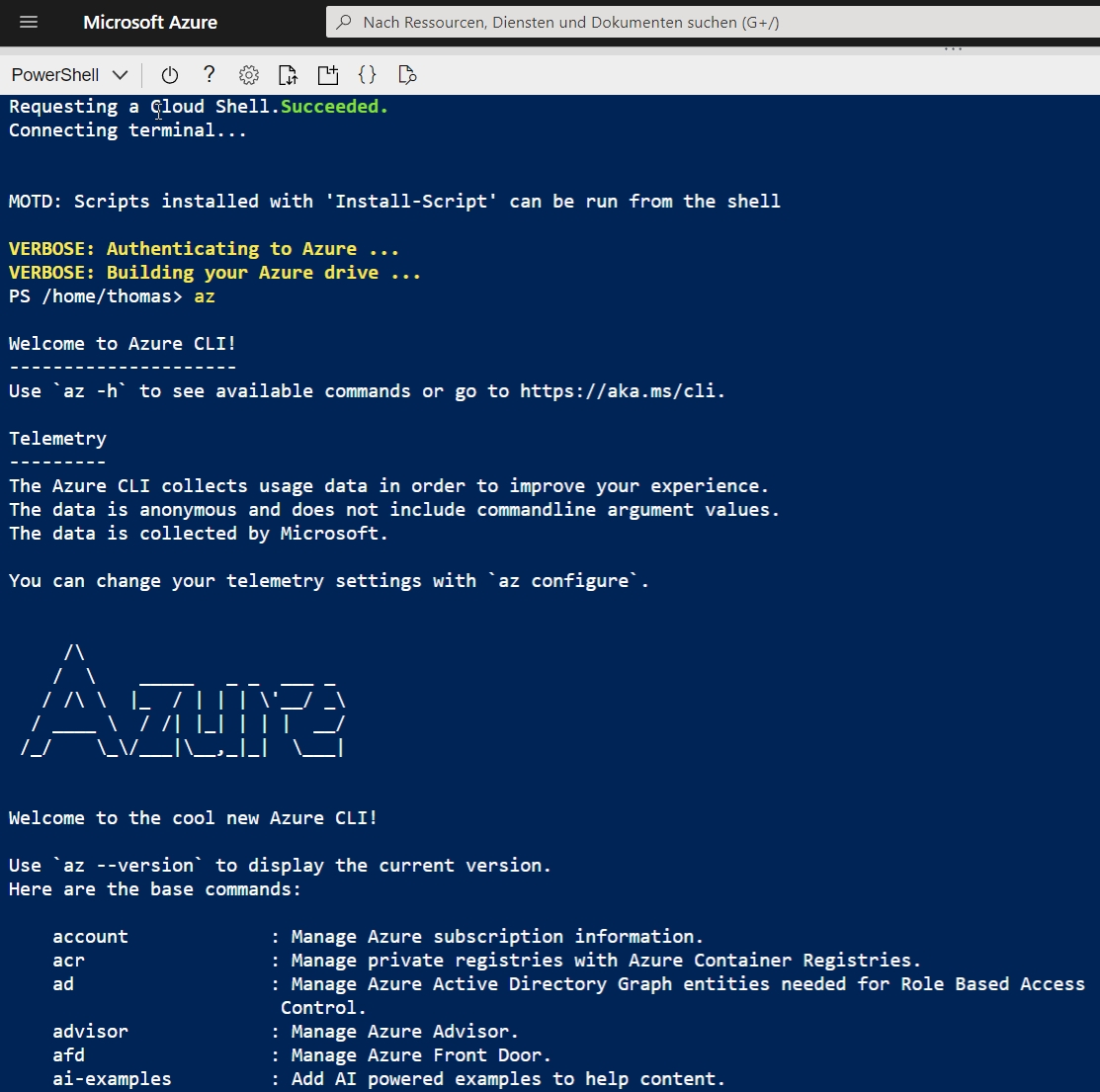 Azure und Azure AD können Sie auch mit der Azure Cloud Shell verwalten
