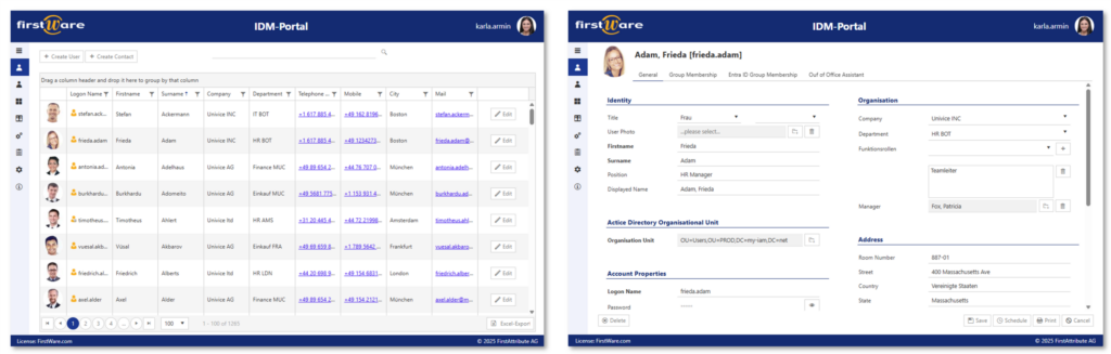 FirstWare IDM-Portal: User view and profile view FirstWare IDM-Portal
